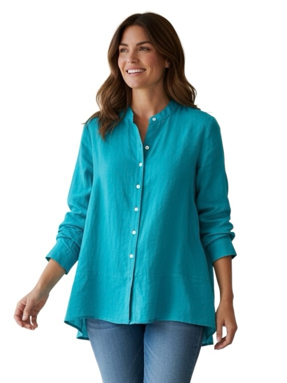 Tahari Linen Blend Tunic Top Blouse Sz L Hi Lo Hem LS Teal Button Up Lagenlook